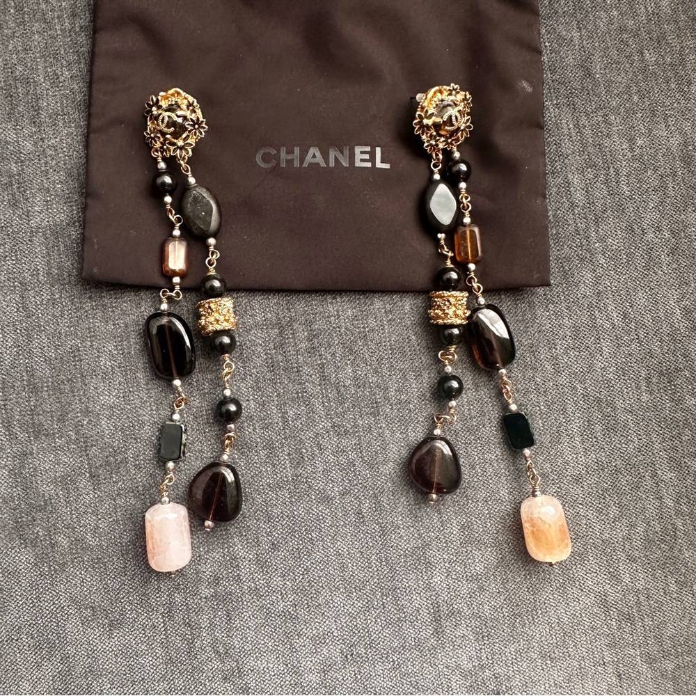CHANEL Gold-Tone Black and Brown Bead Drop Earrings with Pink Accents